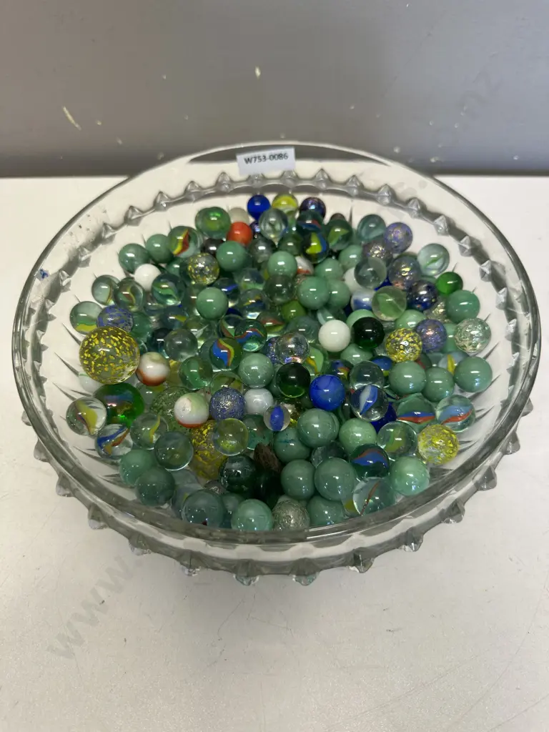 Assorted Vintage Marbles In Glass Dish Image 1++
