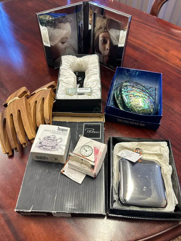 Boxed Items - NZ Paua Shell, Glass Koru, Philippi Bonded Leather Photo Frame, Hip Flask, With Wooden Salad Servers Etc Image 1++