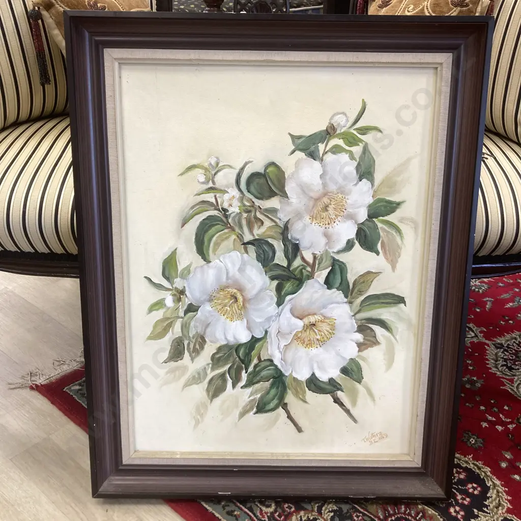 Camilias by T Walters Framed Oil Painting. 71 x 56cm Image 1++