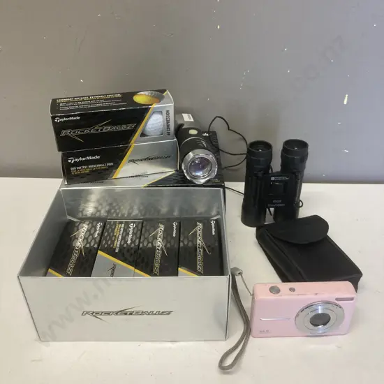 Pink Digital Camera, 18 x TaylorMade RocketBallz Golf Balls, Mountain Warehouse 10x25 Binocs', Multi Tool