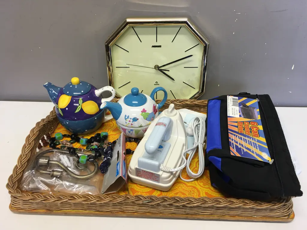Retro Tray With Clock, Teapots, Iron, Chilly Bag Etc Image 1++