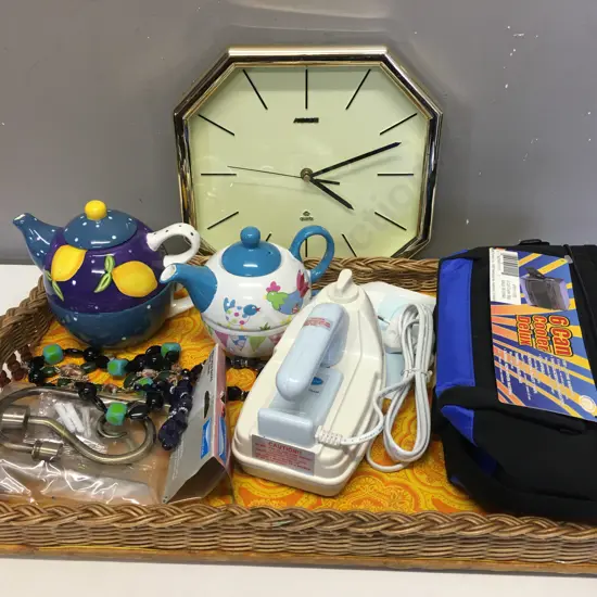 Retro Tray With Clock, Teapots, Iron, Chilly Bag Etc