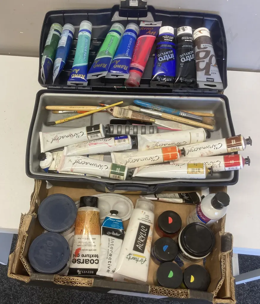 Assorted Acrylic Paints, Paint Accessories Etc With Plastic Toolbox Image 1++