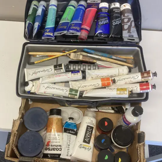 Assorted Acrylic Paints, Paint Accessories Etc With Plastic Toolbox