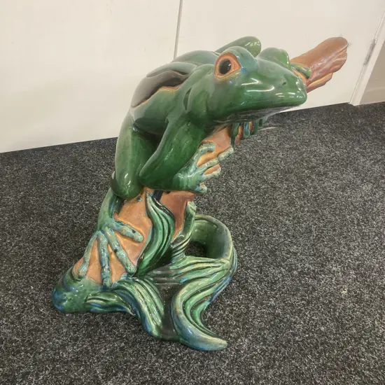 Tall Ceramic Frog On Log Statue. H50 W55 D39cm