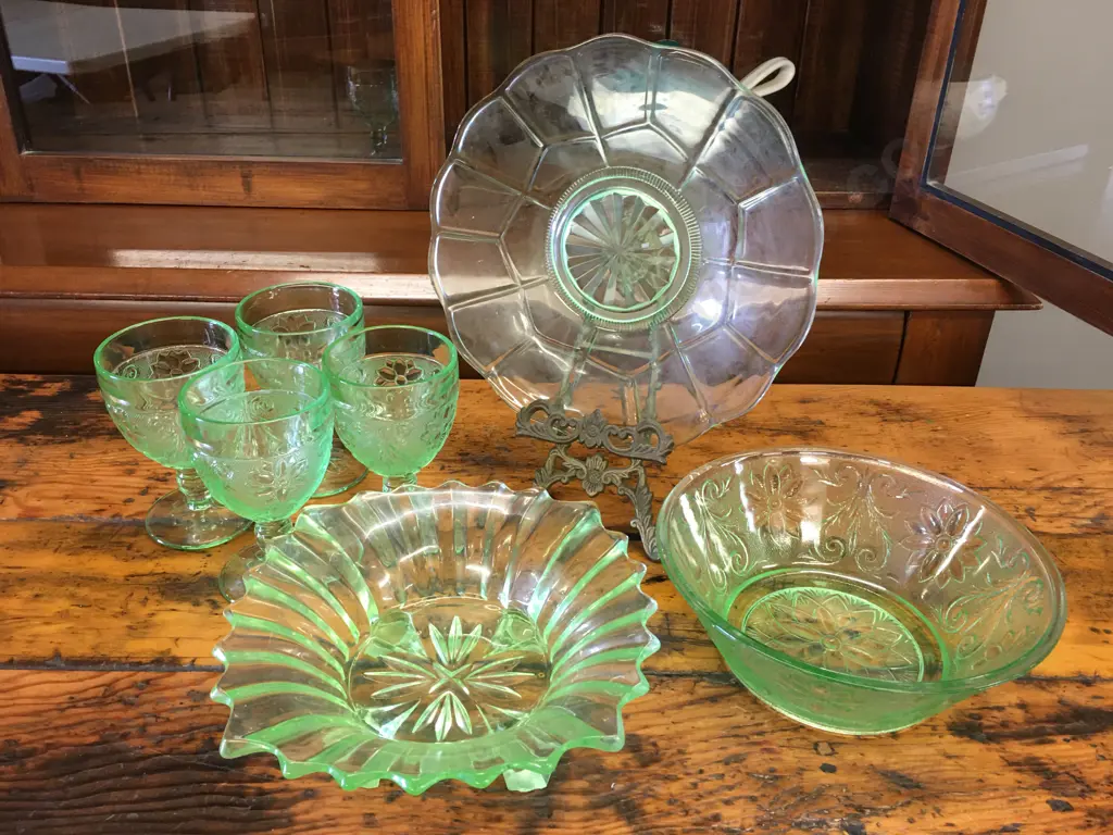Selection Of Green Depression Glass Items & Indian Glass Company Goblets Etc Image 1++