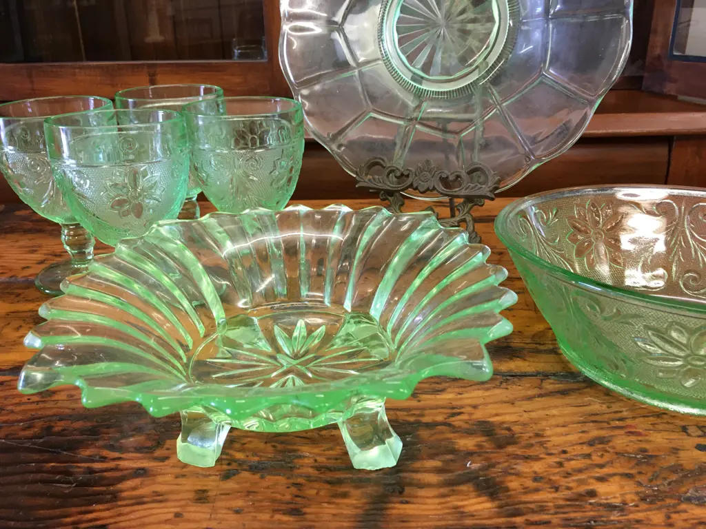 Selection Of Green Depression Glass Items & Indian Glass Company Goblets Etc Image 1++