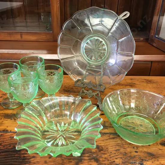 Selection Of Green Depression Glass Items & Indian Glass Company Goblets Etc