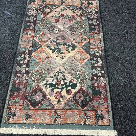 Floor Rug - Blue / Green / Pink Tones With Tassels. 140 x 83cm