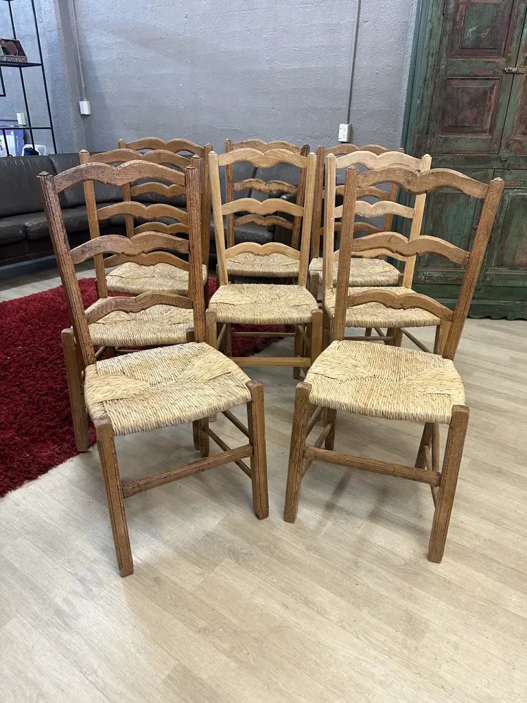 French Ladder Back Rush Seat Dining Chairs In Oak, Set of 8. W43cm Image 1++