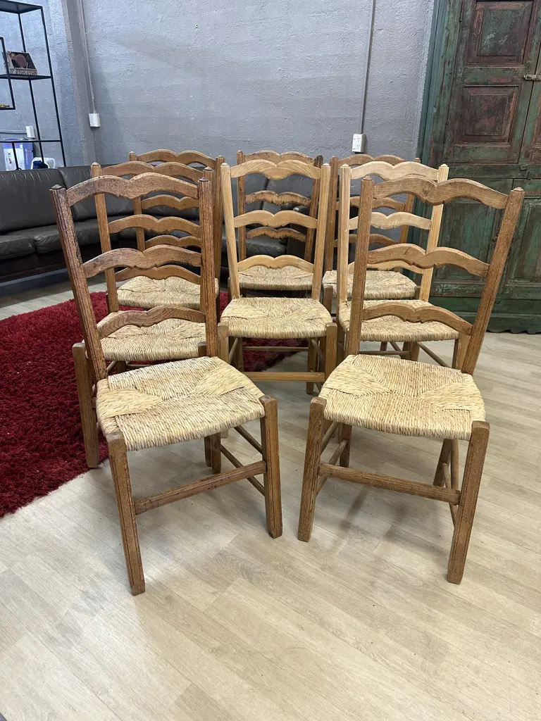 French Ladder Back Rush Seat Dining Chairs In Oak, Set of 8. W43cm Image 1++