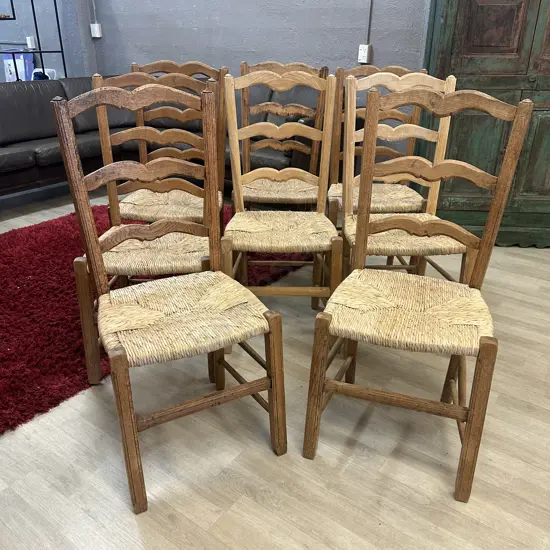 French Ladder Back Rush Seat Dining Chairs In Oak, Set of 8. W43cm