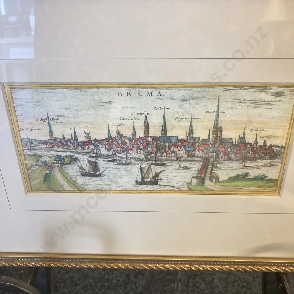 Framed Glazed Lithograph - Bremen by Georg Braun (1541-1622) and Franz Hogenberg (1535-90). 28 x 43cm Image 1++