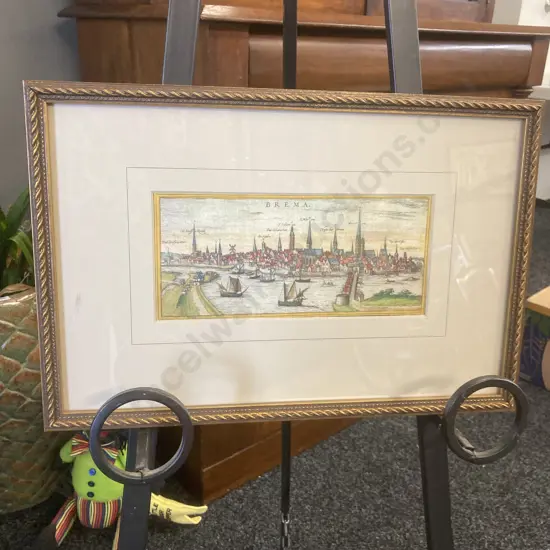 Framed Glazed Lithograph - Bremen by Georg Braun (1541-1622) and Franz Hogenberg (1535-90). 28 x 43cm