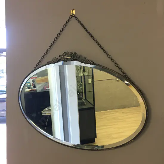 Gorgeous Art Deco Oval Bevelled Mirror With Decorative Topper