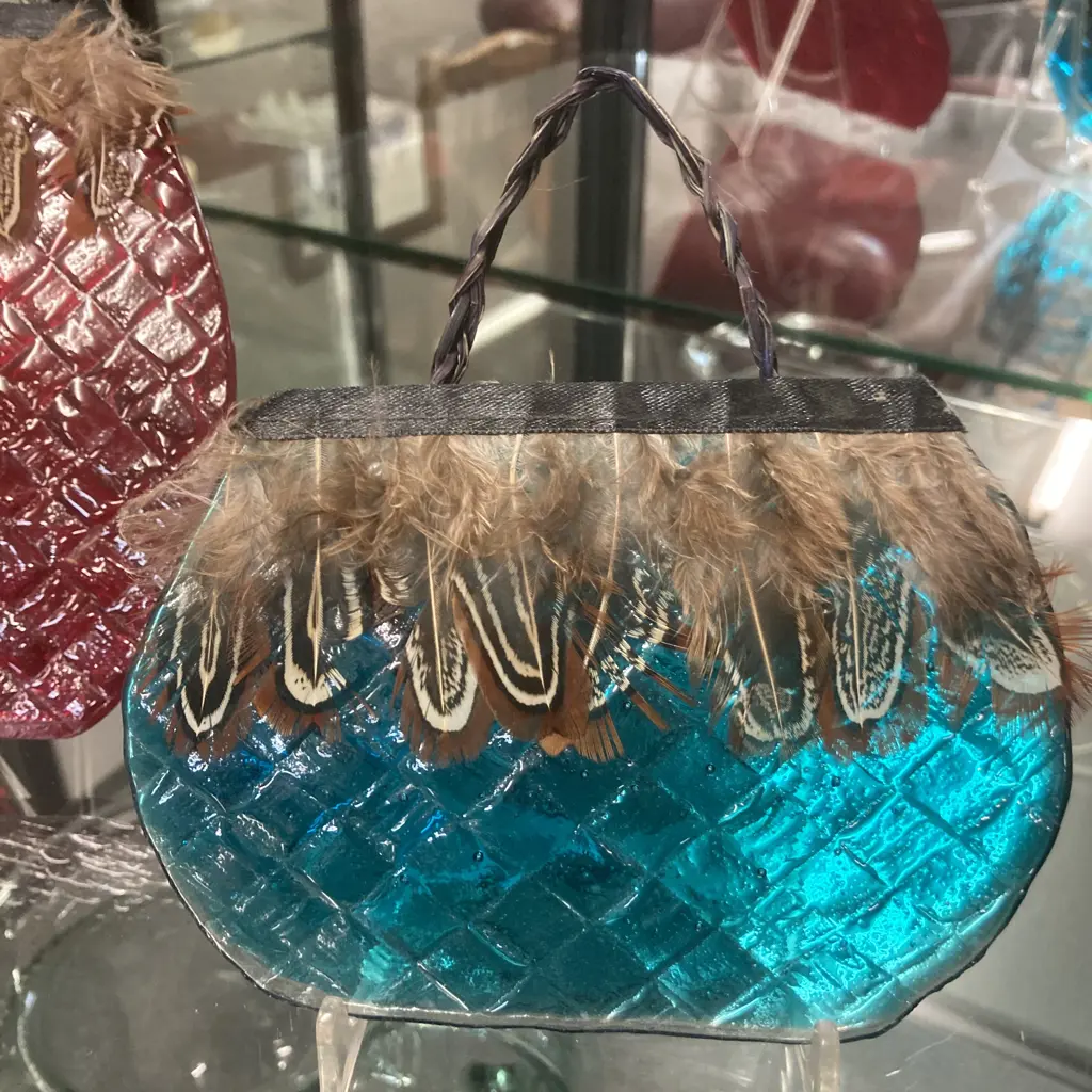 Pair of Kete NZ Glass Wall Art - Kiln Fired Glass, Quail Feathers & Woven Handles.15 x 21.5 & 11 x 14cm Image 1++