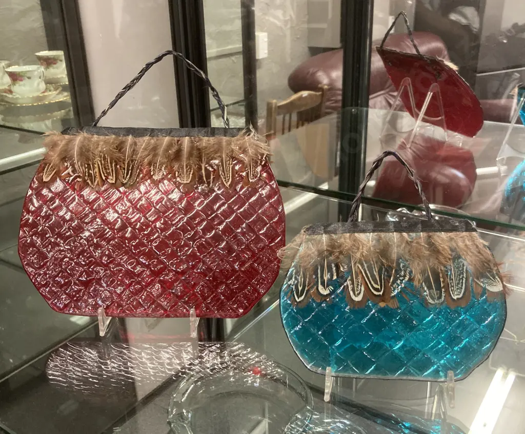 Pair of Kete NZ Glass Wall Art - Kiln Fired Glass, Quail Feathers & Woven Handles.15 x 21.5 & 11 x 14cm Image 1++