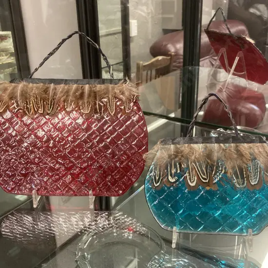 Pair of Kete NZ Glass Wall Art - Kiln Fired Glass, Quail Feathers & Woven Handles.15 x 21.5 & 11 x 14cm