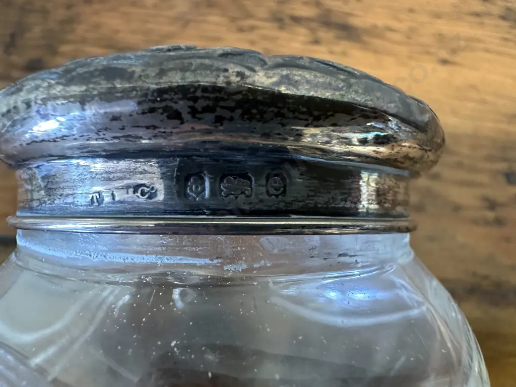 Art Nouveau Hallmarked Lid Glass Dresser Jar & Perfume Bottle Image 1++