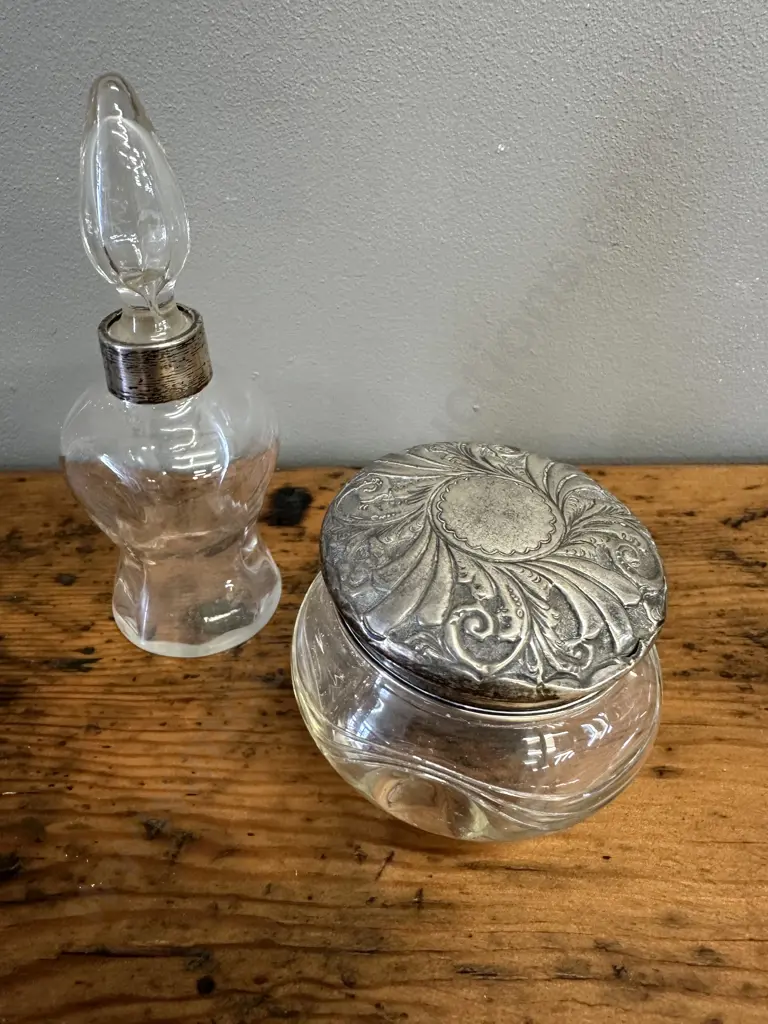Art Nouveau Hallmarked Lid Glass Dresser Jar & Perfume Bottle Image 1++