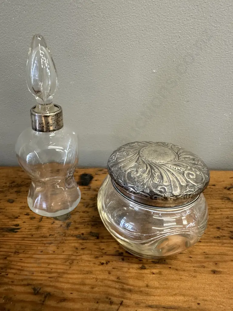 Art Nouveau Hallmarked Lid Glass Dresser Jar & Perfume Bottle Image 1++