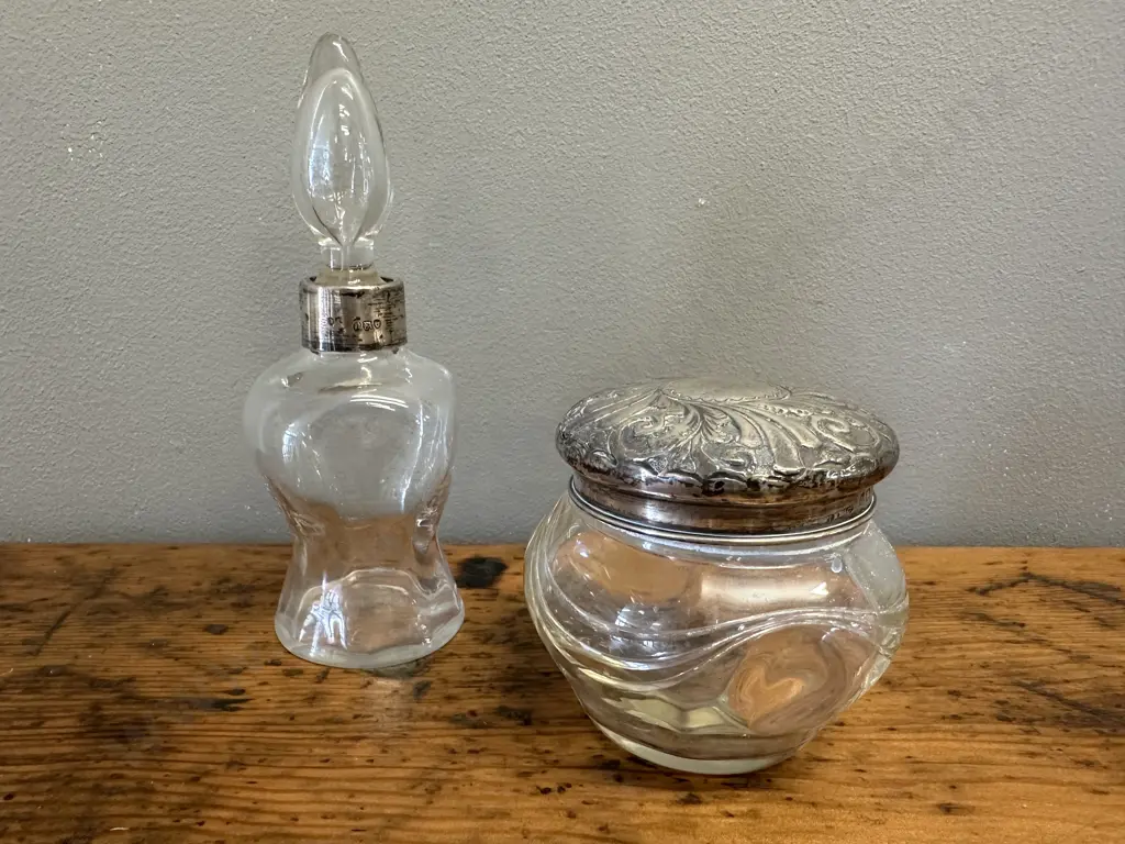 Art Nouveau Hallmarked Lid Glass Dresser Jar & Perfume Bottle Image 1++