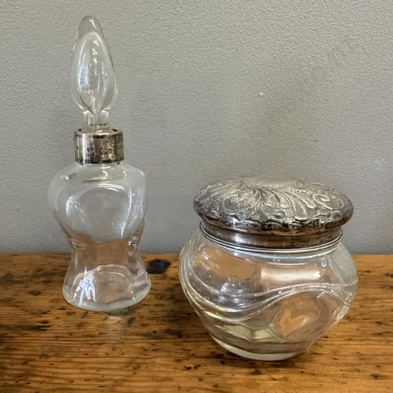 Art Nouveau Hallmarked Lid Glass Dresser Jar & Perfume Bottle