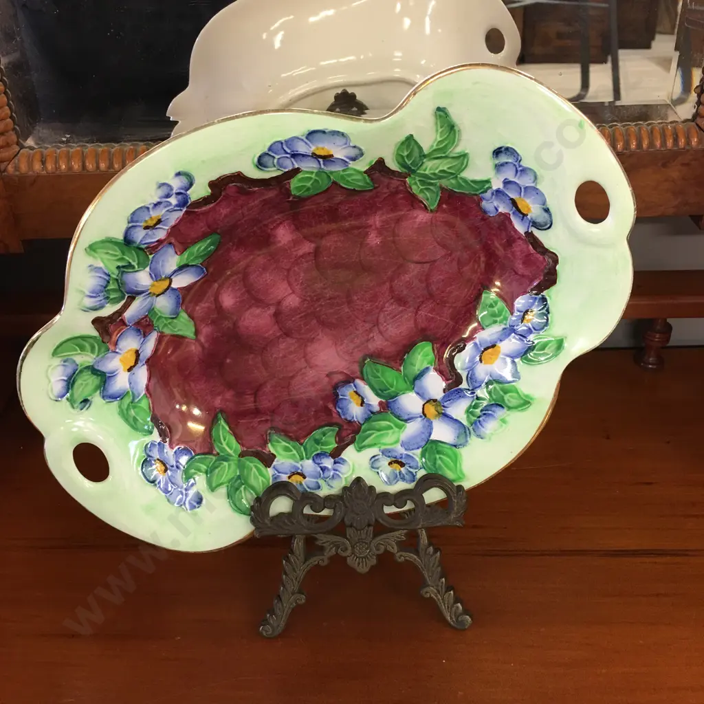 Vintage Maling Lustre Floral Twin Handle Oval Dish Rouge & Green W29,D21cm. Image 1++