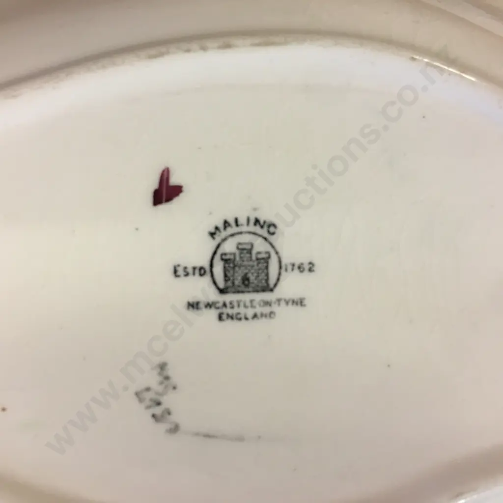 Vintage Maling Lustre Floral Twin Handle Oval Dish Rouge & Green W29,D21cm. Image 1++