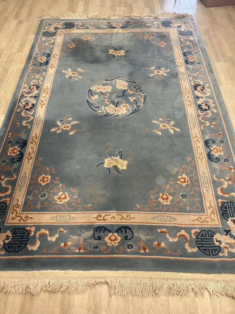 Woollen Floor Rug, Blue & Pink Tones. 295 x 190cm With Tassels Image 1++