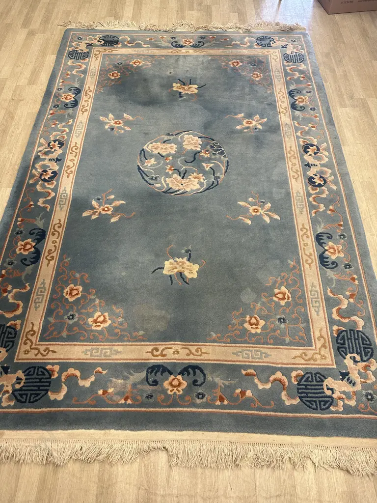 Woollen Floor Rug, Blue & Pink Tones. 295 x 190cm With Tassels Image 1++