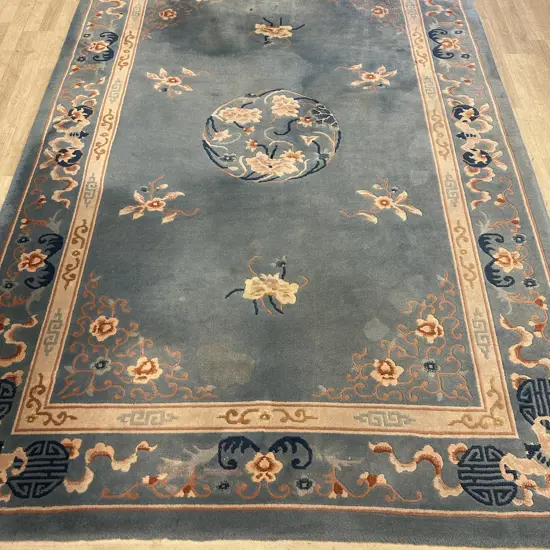 Woollen Floor Rug, Blue & Pink Tones. 295 x 190cm With Tassels