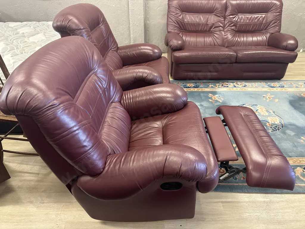 Kovacs Burgundy Leather Ritz Sofa And Two Reclining Armchairs, Ex Stephensons Furniture Image 1++