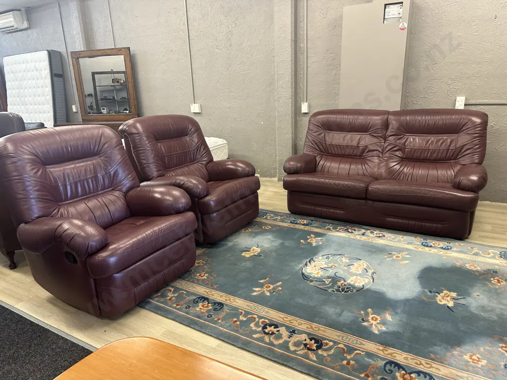 Kovacs Burgundy Leather Ritz Sofa And Two Reclining Armchairs, Ex Stephensons Furniture Image 1++