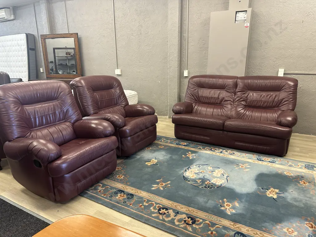 Kovacs Burgundy Leather Ritz Sofa And Two Reclining Armchairs, Ex Stephensons Furniture Image 1++
