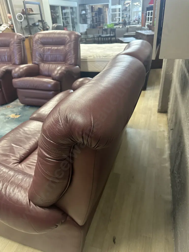 Kovacs Burgundy Leather Ritz Sofa And Two Reclining Armchairs, Ex Stephensons Furniture Image 1++