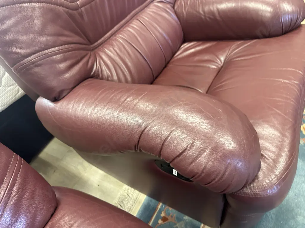 Kovacs Burgundy Leather Ritz Sofa And Two Reclining Armchairs, Ex Stephensons Furniture Image 1++