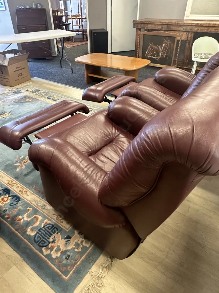 Kovacs Burgundy Leather Ritz Sofa And Two Reclining Armchairs, Ex Stephensons Furniture Image 1++