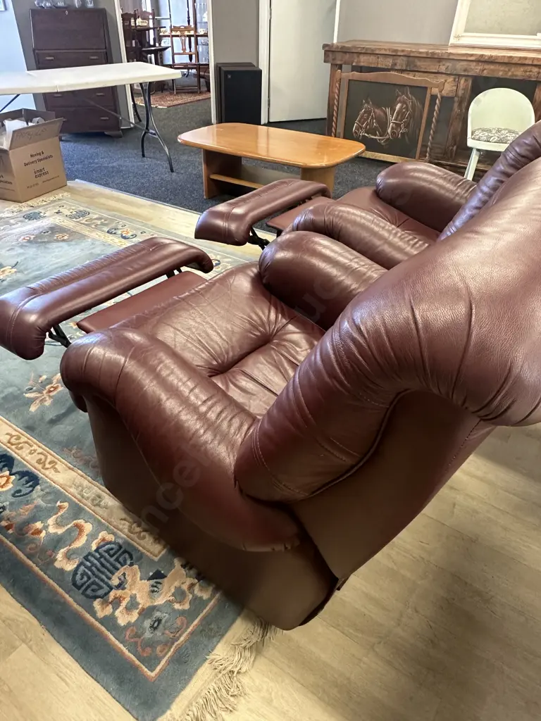 Kovacs Burgundy Leather Ritz Sofa And Two Reclining Armchairs, Ex Stephensons Furniture Image 1++