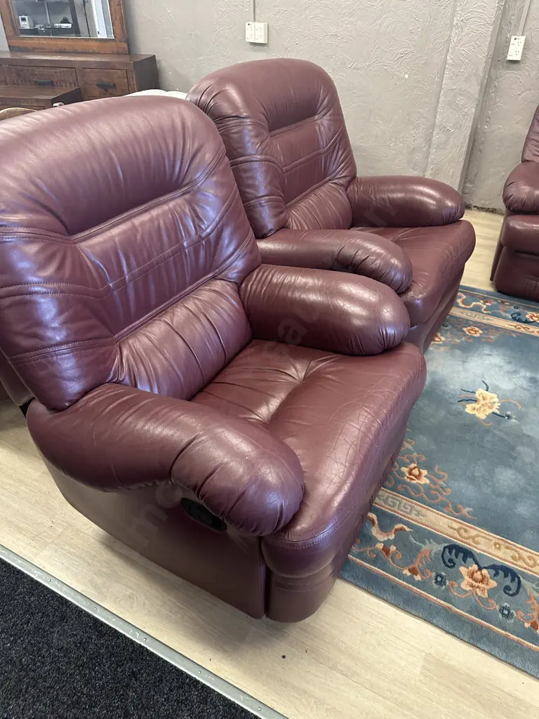 Kovacs Burgundy Leather Ritz Sofa And Two Reclining Armchairs, Ex Stephensons Furniture Image 1++