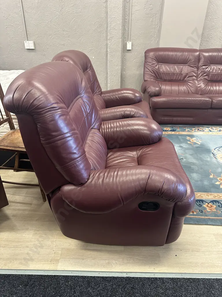 Kovacs Burgundy Leather Ritz Sofa And Two Reclining Armchairs, Ex Stephensons Furniture Image 1++