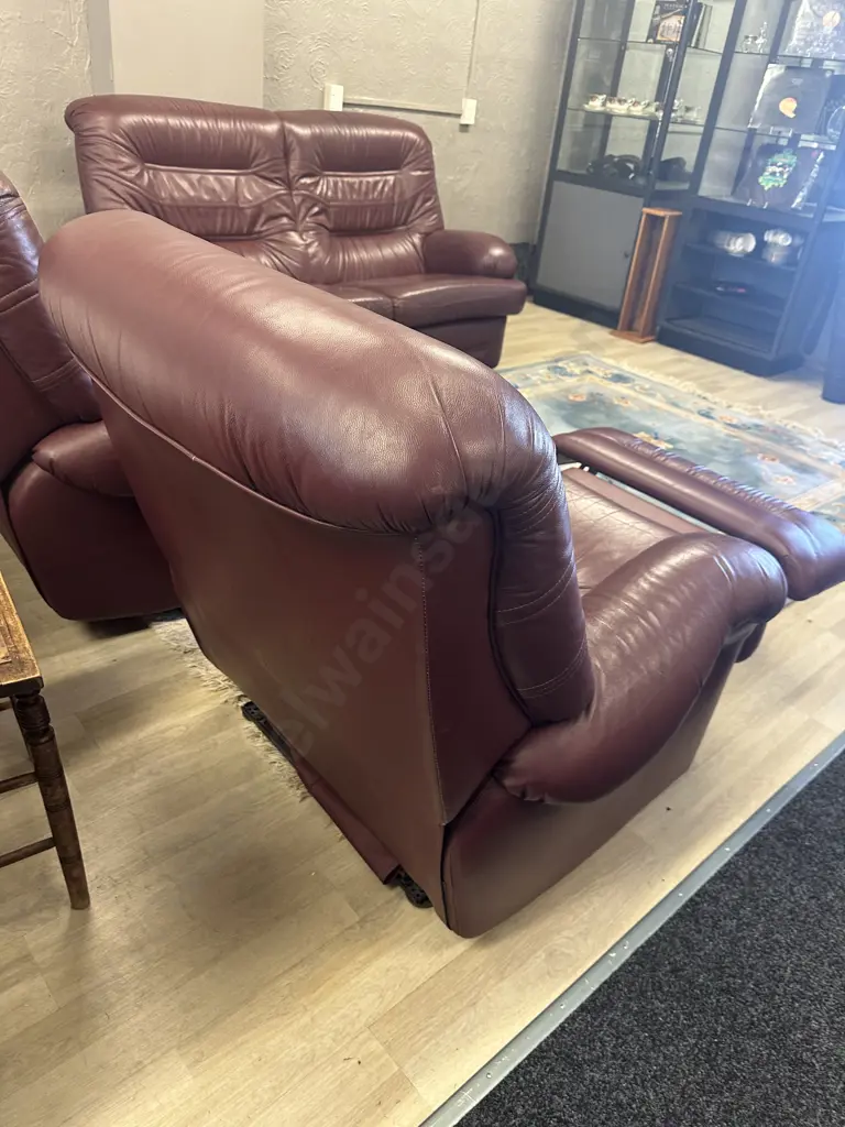 Kovacs Burgundy Leather Ritz Sofa And Two Reclining Armchairs, Ex Stephensons Furniture Image 1++