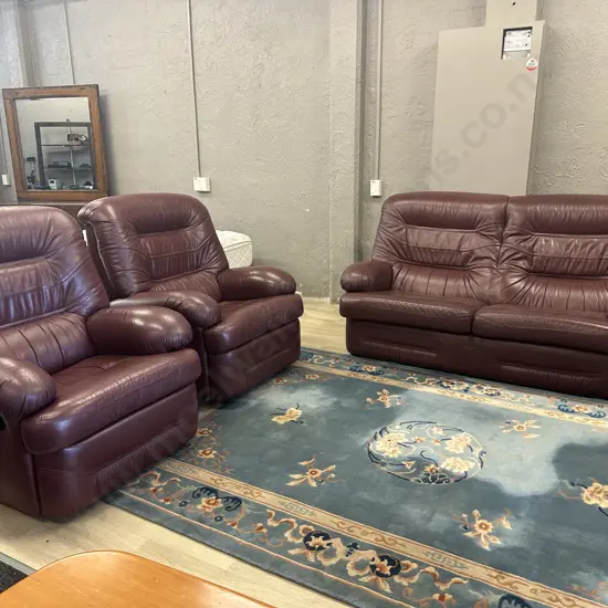 Kovacs Burgundy Leather Ritz Sofa And Two Reclining Armchairs, Ex Stephensons Furniture
