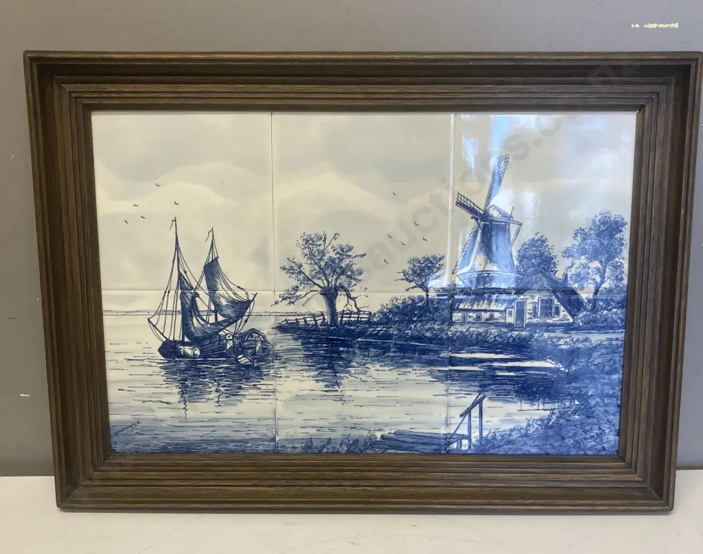 Large Mid Century Framed 6 x Delft Blue Tiles - Dutch Landscape, Handpainted & Signed. 38 x 53cm Image 1++