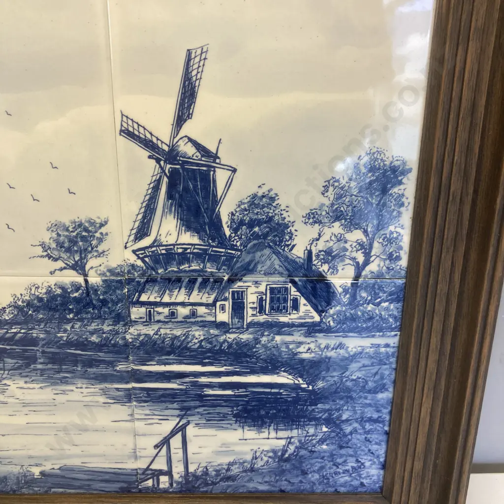 Large Mid Century Framed 6 x Delft Blue Tiles - Dutch Landscape, Handpainted & Signed. 38 x 53cm Image 1++