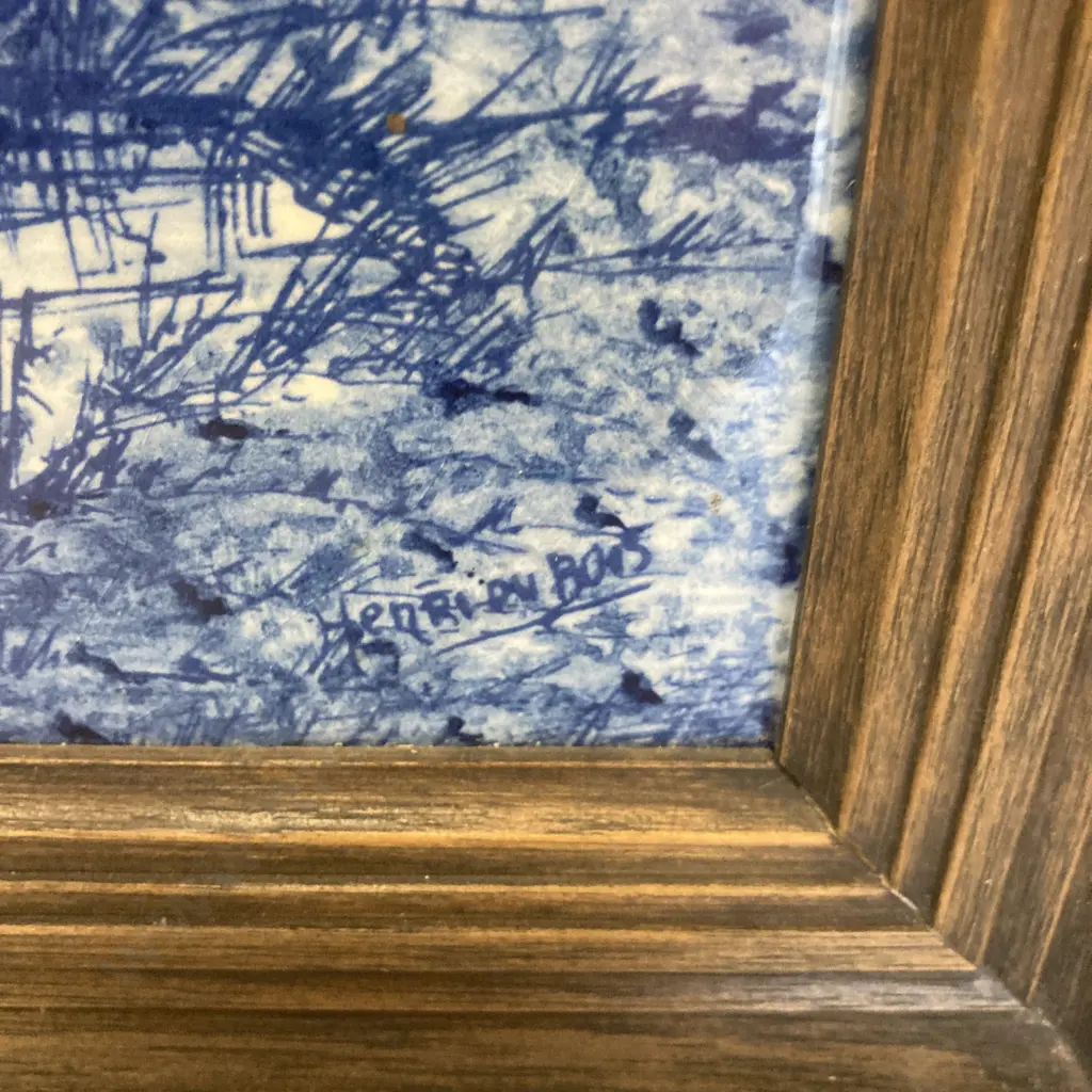 Large Mid Century Framed 6 x Delft Blue Tiles - Dutch Landscape, Handpainted & Signed. 38 x 53cm Image 1++