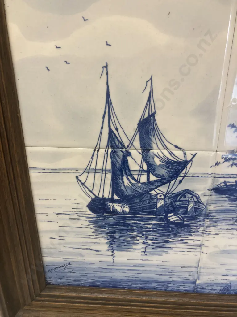 Large Mid Century Framed 6 x Delft Blue Tiles - Dutch Landscape, Handpainted & Signed. 38 x 53cm Image 1++