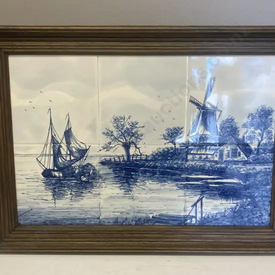 Large Mid Century Framed 6 x Delft Blue Tiles - Dutch Landscape, Handpainted & Signed. 38 x 53cm