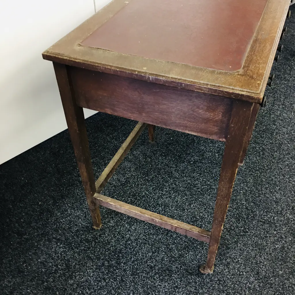 Antique Desk Burgundy Coloured Insert Five Drawer Original Castors Borer Holes Evident Has Been Treated Image 1++