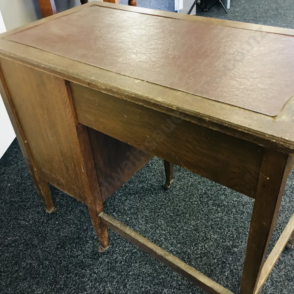 Antique Desk Burgundy Coloured Insert Five Drawer Original Castors Borer Holes Evident Has Been Treated Image 1++
